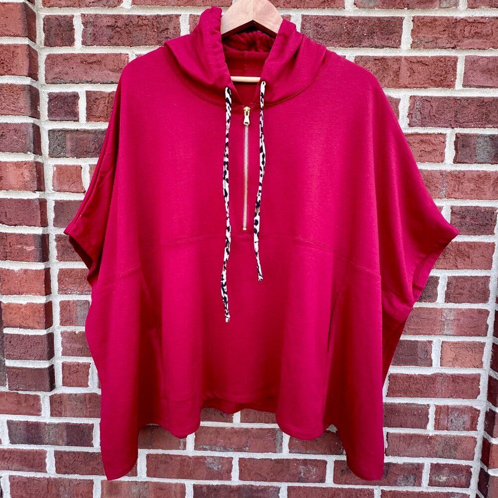 Coco + Carmen Leisure Hooded Poncho Pullover Red Half Zip One Size